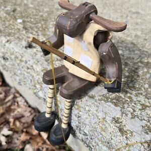 Wood Moose Fishing Shelf Sitter Figurine Folk Art Primitive
